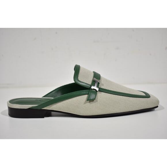 Hermes Groupie Mule Cactus Green Leather Canvas Backless Mule Slide Flat 37 - Picture 2 of 12